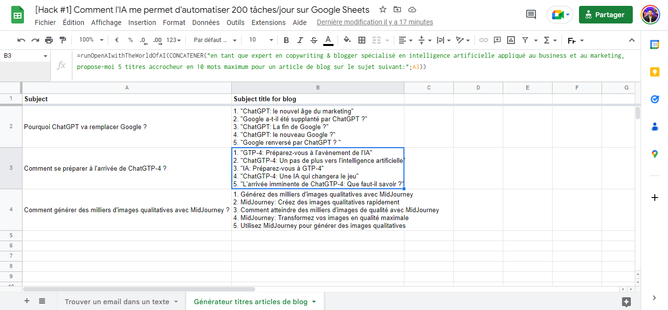 Comment ChatGPT 4 me permet d'automatiser 200 tâches/jour sur Google Sheets